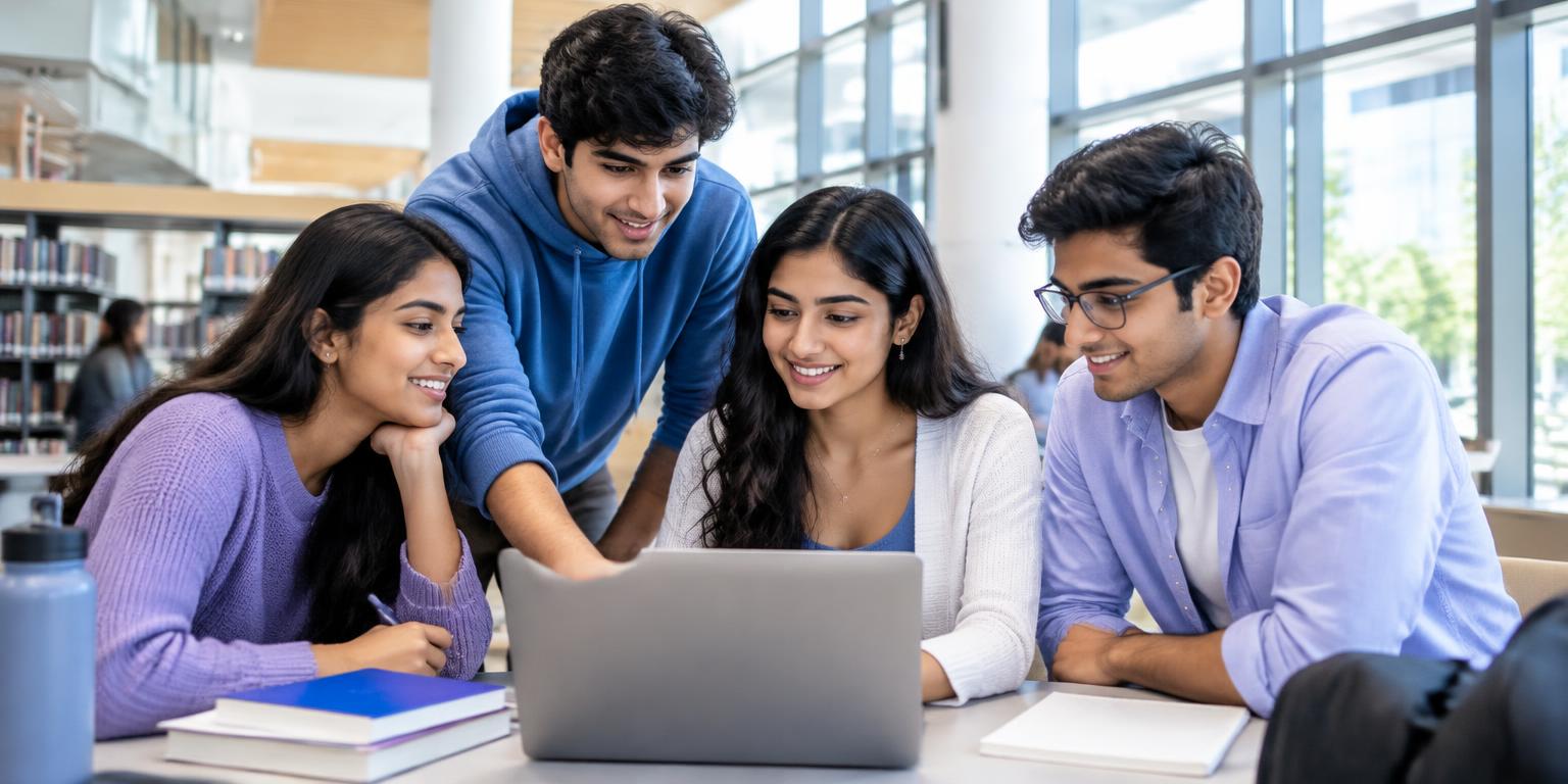 Indian college students developing skills together in a university library