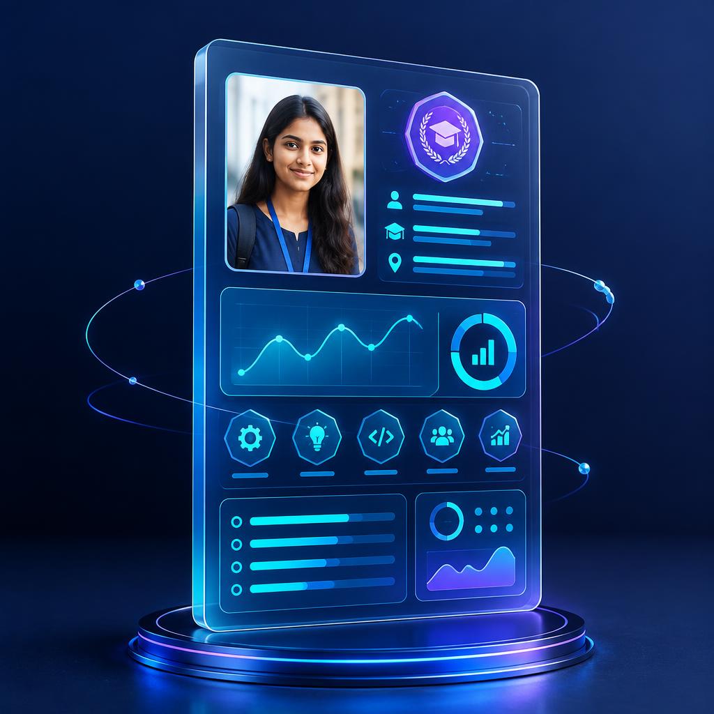 Illustrative digital career passport with a student profile and skill charts